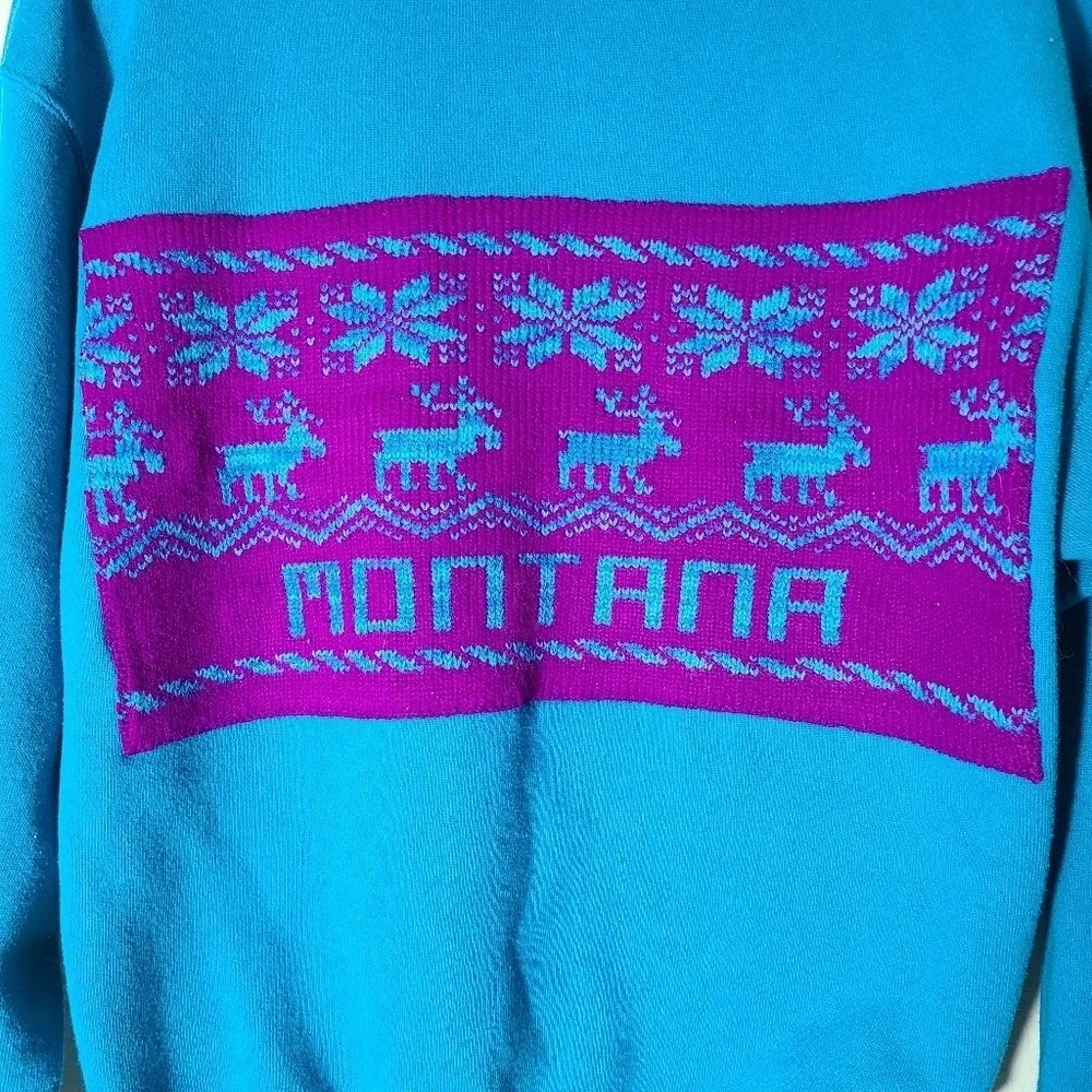 Vintage Hanes size Medium Knit collar fair isle sweatshirt Montana Blue Purple - Picture 3 of 8